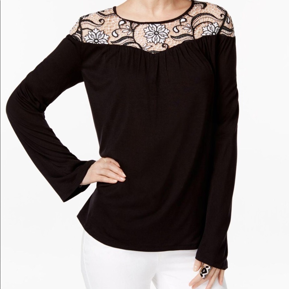 NWT INC Embellished Lace-Yoke Rayon Jersey Top Blouse Black Sz M $59.50